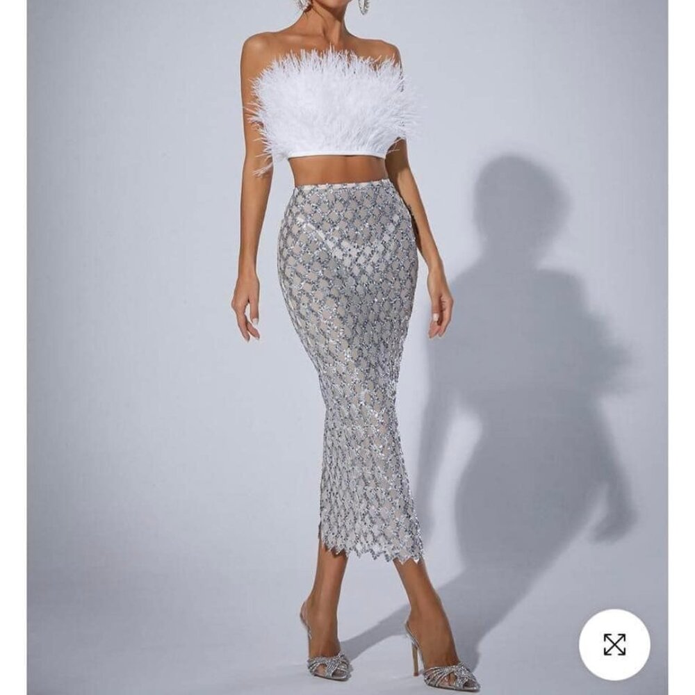 Ansley Strapless Feather Mesh Skirt Set